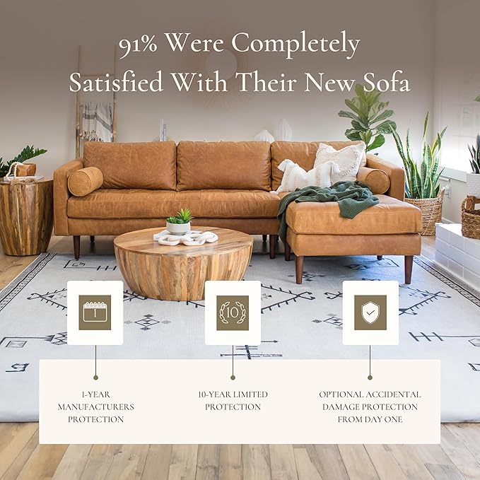 POLY & BARK Napa 104.5" Right-Facing Sectional Sofa – Cognac Tan Full-Grain Pure-Aniline Italian Leather, Feather-Down Cushions, Solid Wood Frame