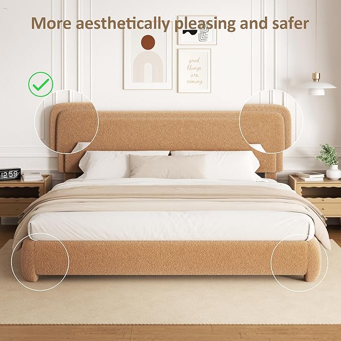 King Size Boucle Platform Bed Frame, Upholstered Cloud with Adjustable Headboard, Anti-Collision Soft Rounded Corners, No Box Spring Required, Easy Assembly, Noise Free