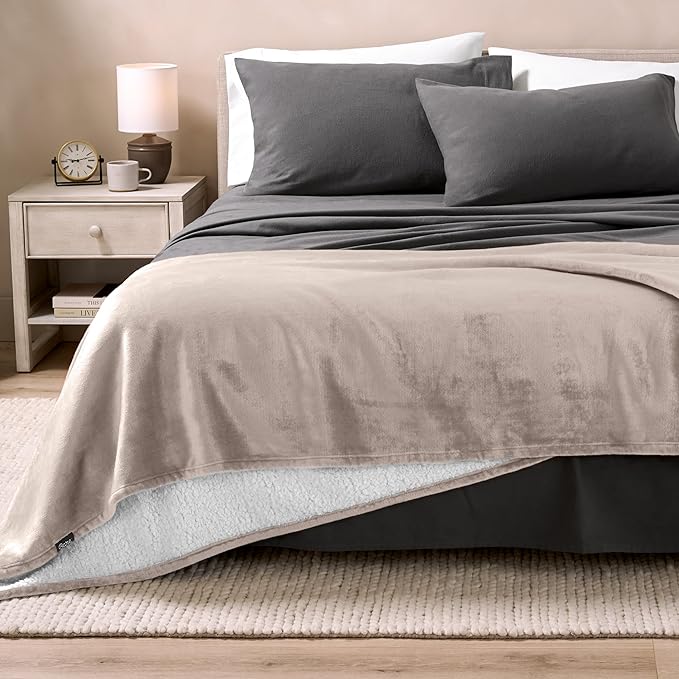 Bare Home Sherpa Fleece Blanket - Full/Queen Size - Blanket for Bed, Sofa, and Couch - Warm & Lightweight - Fluffy & Soft - Reversible (Full/Queen, Light Taupe)