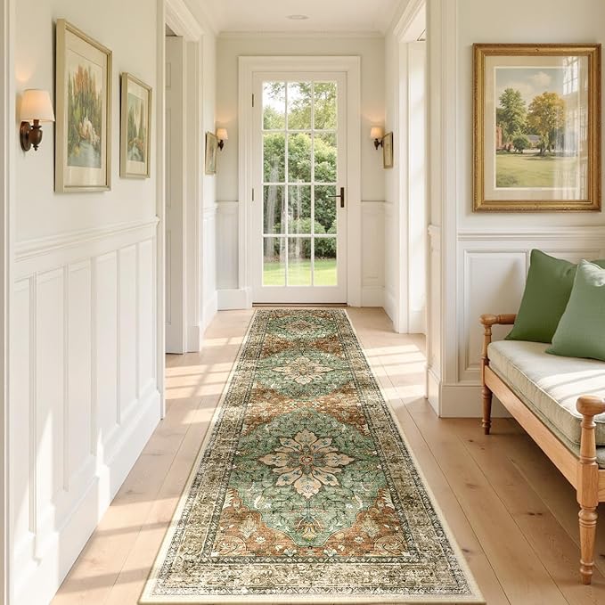 Area Rugs 3'x9' Washable Non-Slip, Floral Vintage Distress Print Pattern Medallion Carpet for Living Room Bedroom Dining Room, Brick Red Rust Neutral Brown Burnt Orange Green
