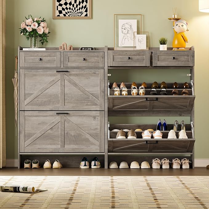 Shoe Storage Cabinet for Entryway, Farmhouse Narrow Shoe Cabinet with 2 Flip Drawers & Top Drawers, Adjustable Shelves & Hooks, Freestanding Hidden Rack Organizer for Hallway, Foyer