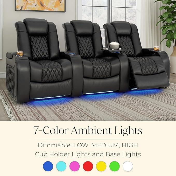 Seatcraft Diamante Zero-Gravity CoolZero Italian Leather Home Theater Seating, Power Headrest, Power Recline, Row of 5 Dual Loveseats, Black