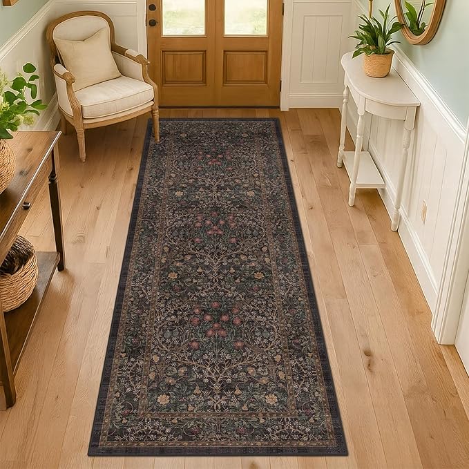 Brown Boho Washable 2x6 Runner Rugs for Hallway, Kitchen,Bedroom Beside, Laundry Room, Bathroom Rug, Pet & Kids Friendly, Non Slip Low Pile Stain Resistant Soft Long Floral 24 x 72 Floor Carpet