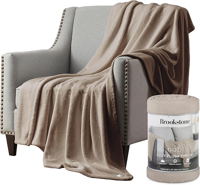 Brookstone Nap Plush Throw Blanket for Couch | Warm & Super Soft Blanket with Unmatched Heavy, Dense, and Ultra-Comfy Throw | Luxurious Drape, Cozying Up on a Sofa, Chair | Taupe