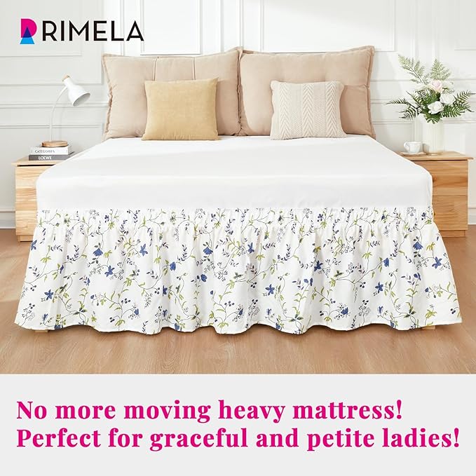 RIMELA Blue Berry Floral Bed Skirt Queen Size 15 Inch Drop, Elastic Bed Skirting for Bed Frame, Bedding Dust Ruffle Easy to Install, Lightweight Wrap Around Adjustable Bedskirt