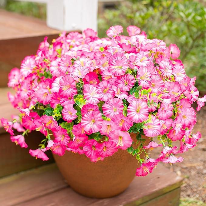 Artificial Flowers Fake Plants for Outdoors Decoration, 12 Bundles Pink Silk Morning Glory with Eucalyptus Realistic UV Resistant Faux Flowers Greenery for Outside Planter Yard Garden Home Indoor Urn