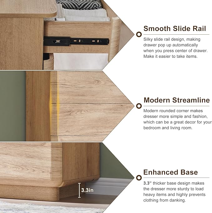 ACCOHOHO Modern 9 Drawer Dresser for Bedroom, 52" Wide Wooden Dressers with Large Storage,Handleless Chest of Drawers TV Stand for Living Room & Hallway, Curved Profile Design,Natural Oak