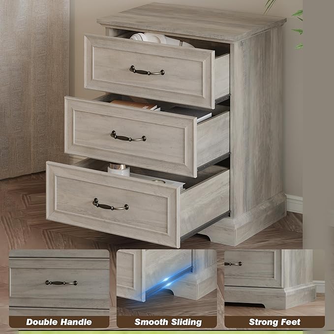 Farmhouse 3 Drawers Dresser for Bedroom, 24" Wide Modern Chest of Drawers with Deep Drawers & Bar Handles, Rustic Wood Nightstand, Wooden Closet Storage Organizer for Living Room, Hallway, Grey
