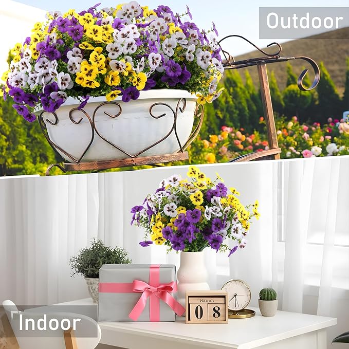 36 Pcs Artificial Fake Pansy Flowers for Outdoor, Faux Silk Pansies Spring Flowers for Outside for Planter Front Door Porch Yard Patio Window Box Home Decor (36, Purple, Yellow, White)