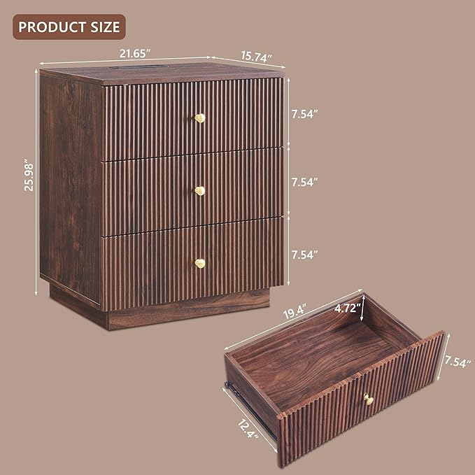 Fluted Night Stand with Charging Station, 21.65" Nightstand with 3 Drawer, 3 Drawer Dresser for Bedroom, Morden End Table Chests of Drawers Bedside Table for Bedroom, Living Room,Brown