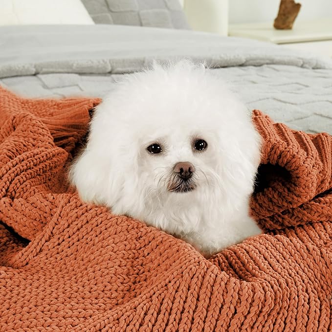 Amélie Home Chevron Chenille Knit Throw Blanket for Couch, Cozy Texture Decorative Soft Blanket for Sofa & Chair, 50"x60", Burnt Orange