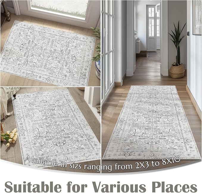jinchan Lima Hallway Runner Rug 2x8 Washable - Vintage Floral Non Slip Low-Pile Soft Ultra-Thin Faux Wool Kitchen Rug Distressed Carpet Runner for Farmhouse Bedroom Laundry (2x8ft, Grey)