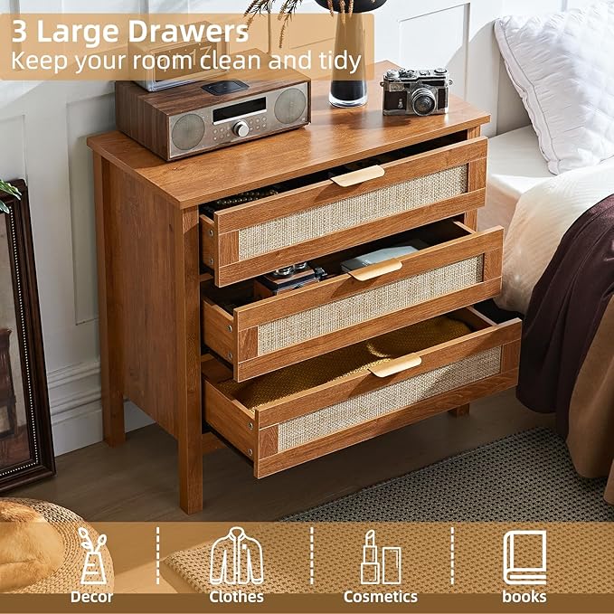 LEYAOYAO 31.5" Wide Rattan Nightstand, Large Boho 3 Drawer Night Stand, Tea Brown Bedside Table with Storage, Tall Bed Side End Tables, Chest of Drawers Dressers for Bedroom, Living Room, Hallway