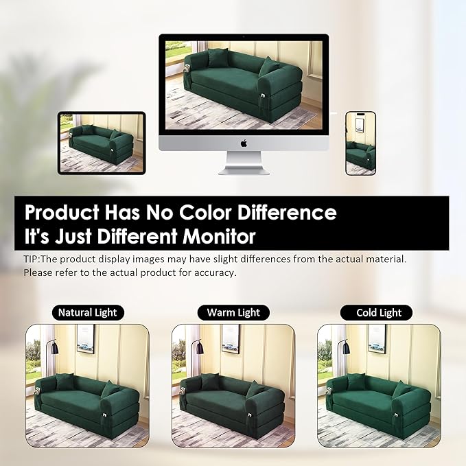 80" Convertible Sofa Bed, 3-in-1 Corduroy Folding Pull Out Couch with Pillows, No Assembly Modern Boneless Couch Compression Sofa in Box, Floor Sofa with Side Storage Pocket for Living Room,Dark Green