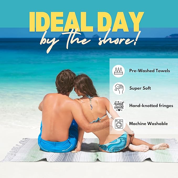 Native Fab 100% Cotton Peshtemal Turkish Bath and Beach Towels Set of 2, Large 40x71 Travel Sarong Gym Pool Spa Towels, Ultra Soft Quick Dry Absorbent Fouta Hammam Peshtemal Towels Green White
