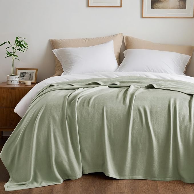 King Size Blanket, 70% Rayon (Derived from Bamboo) and 30% Cotton, Lightweight Jacquard Weave, Breathable and Soft Summer Blanket for Bed or Couch, 108” x 90”, Sage Green