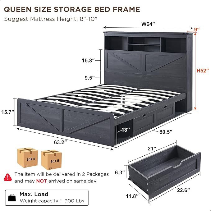 ACCOHOHO Farmhouse Queen Size Bed Frame with 52" High Storage Bookcase Headboard and 4 Drawers,Wooden Bed Frame with LED Light and Charging Station,Black
