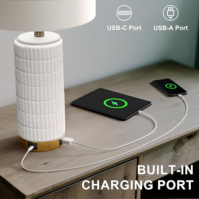 PoKat Stone-Like Ceramic Table Lamps with USB Ports for Bedroom, 25'' Matte-White Dimmable Nightstand Touch Lamps for Night Stands with Gold Base, Farmhouse Lamps for Living Room End Side Table