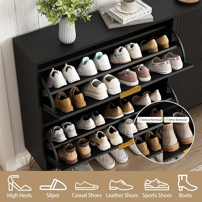 Shoe Cabinet with 2 Flip Drawers, Fluted Black Shoe Storage Cabinets, Hidden Shoe Cabinet Storage for Entryway Slim, Modern Freestanding Shoe Rack Organizer, Black