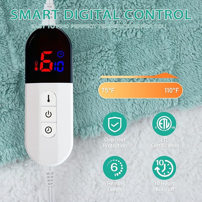 Electric Blanket, Heated Blanket with 6 Heat Levels & 10 Hours Auto Off, Soft Checked Flannel Fast Heating Blanket with ETL & FCC Certification (Green, 72"X84")