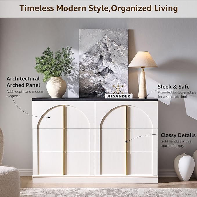 ACCOHOHO Arched Dresser for Bedroom with 6 Drawers, 47.3" Wide Modern Chest of Drawers with Rounded Edge & Metal Handles, Wood Storage Closet Dressers TV Stand for Living Room, Hallway, White