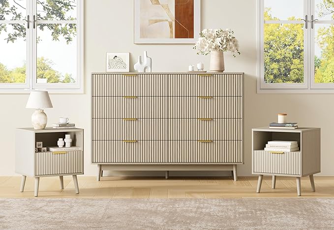LYNSOM Fluted Dresser and Nightstand Sets 3 Piece, 8-Drawers Dresser and 1-Drawer Nightstands Set of 2, Wood Bedroom Furniture Set for Home, Bedroom, Hallway, Beige