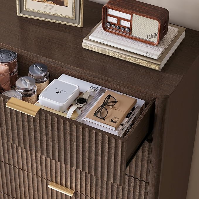 LINSY Fluted Dresser for Bedroom with 5 Drawers, Mid Century Modern Chest of Drawers with Gold Metal Handles, Tall Boho Wood Dressers, Large Farmhouse Storage Cabinet for Bedroom, Living Room, Walnut