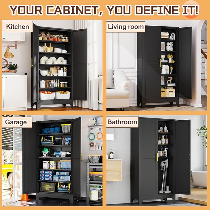 75" Metal Kitchen Pantry Cabinet,Black Storage Cabinet with Doors and 5 Adjustable Shelves, Cabinet with 2 Metal Handles,Tall Cabinet for Livingroom,Pantry, Bathroom,Kitchen