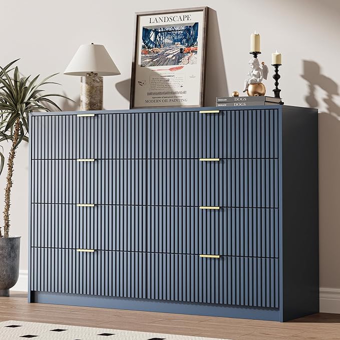 Navy Dresser for Bedroom, 8 Drawer Double Dresser, Modern Chest of Drawers for Bedroom, Living Room, Entryway and Closet, 55" L x 15.7" D x 37.4" H