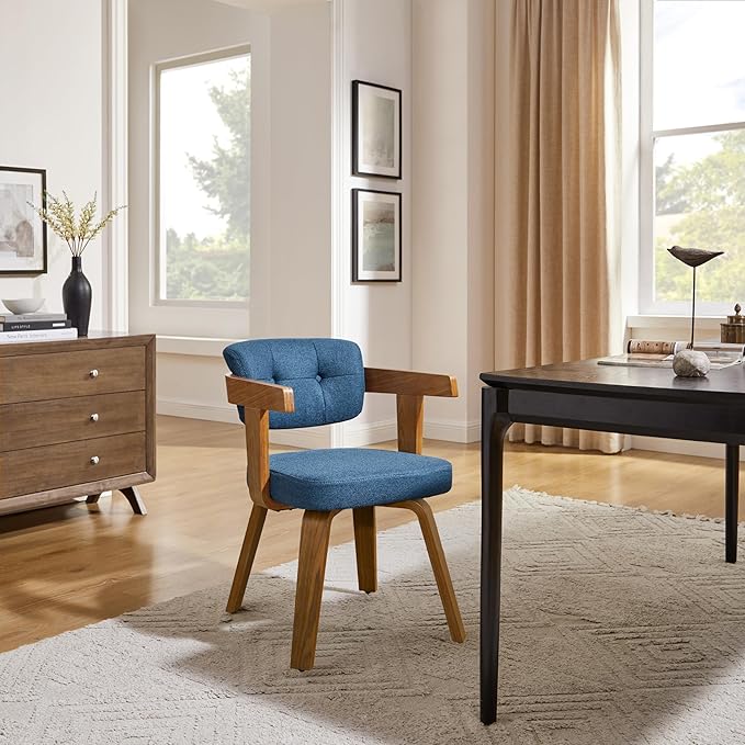 Art Leon Office Chair No Wheels - Mid Century Modern Desk Chair Fabric Upholstered Swivel Dining Chairs with Wood Legs for Small Spaces Home Office Living Room Bedroom Study, Blue/Walnut