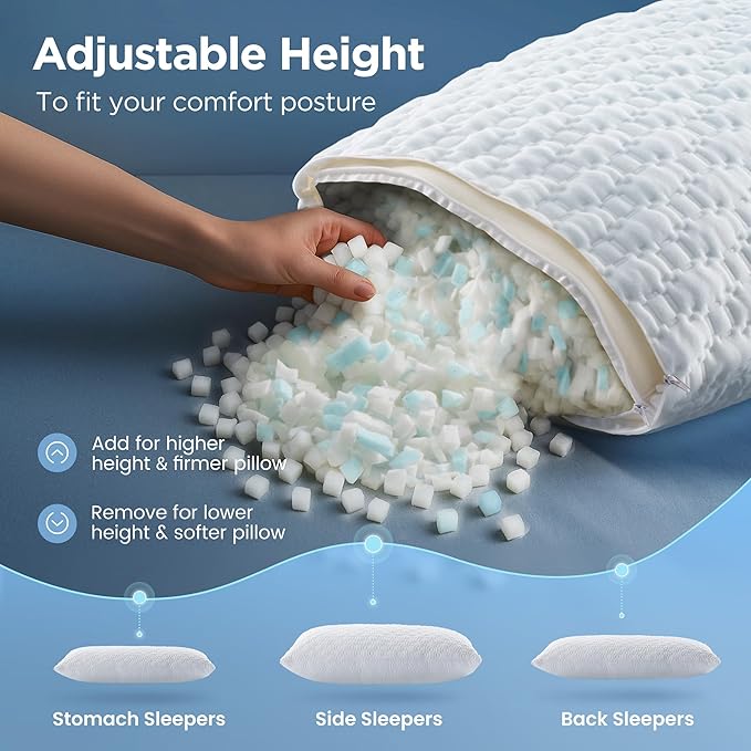 Sophia & William Cooling Bed Pillow for Sleeping (Queen Size Set of 2) Adjustable Shredded Memory Foam Pillow for Side, Back and Stomach Sleepeers