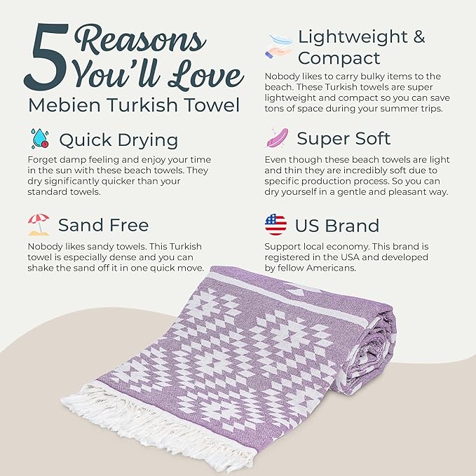 Turkish Towels Beach Towels Oversized (35”x67”) Beach Towels for Adults Quick Dry and Sand Free Beach Towel Beach Blanket 100% Cotton Turkish Towel - Lilac Purple