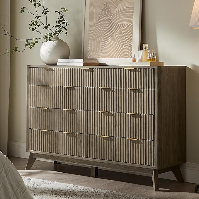 T4TREAM Fluted 9 Drawer Dresser, Modern Chest of Drawers, Curved Profile Design, Dresser TV Stand, Wood Drawer Organizer for Bedroom, Living Room, Hallway, Grey Alder