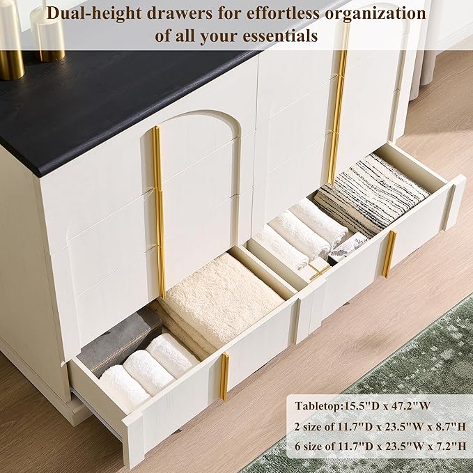 ACCOHOHO Large Dresser for Bedroom with 8 Drawers with Arched Panel,Modern Minimalist Chest of Drawers with Gold Handles,Wood Storage Closet Dressers Tv Stand for Living Room, Hallway,White
