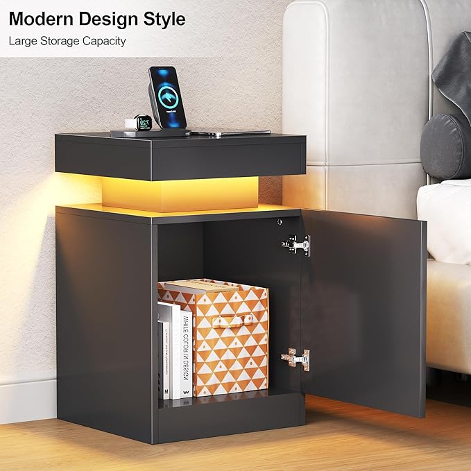 MXV Nightstand Set of 2 with LED Lights,Night Stand with Storage Cabinet for Bedroom,Bedside Table with LED (Black, 15IN)