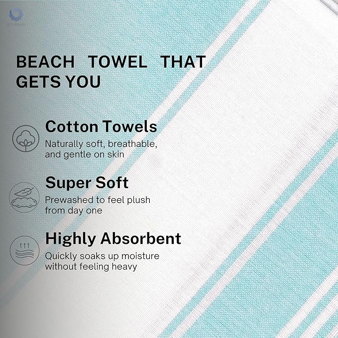 Cotton Turkish Beach Towel Towels Oversized 36"x72" Pool Absorbent Extra Large Quick Dry Sand Travel Towel (Aqua Blue, 4 Pack)