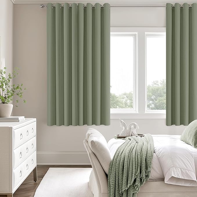 ChrisDowa 100% Blackout sage Solid Curtains 63 Inches Long 2 Panels for Bedroom Living Room,Farmhouse Room Darkening Thermal Insulated Soundproof Grommet Top Window Treatment Drapes,52x63