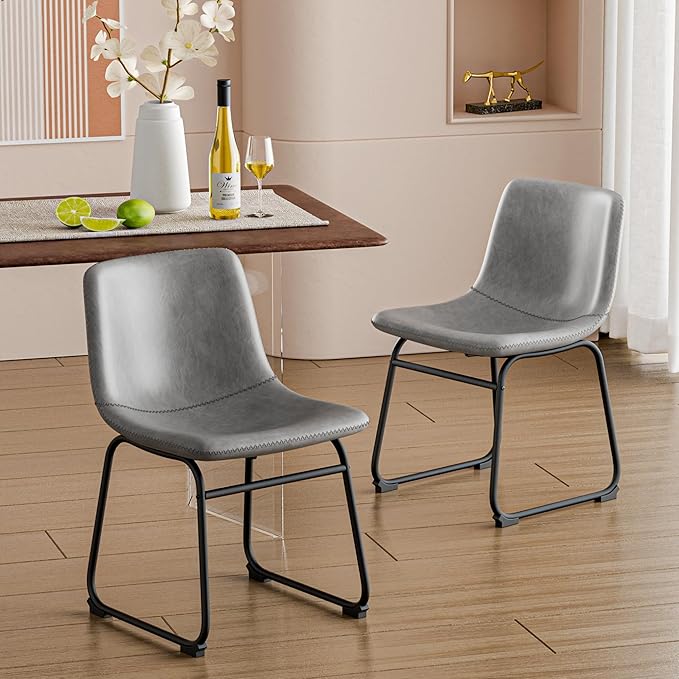 Dining Chairs Set of 8, 18 Inch Modern Armless Dining Chair with Back, Faux Leather Kitchen Dining Room Chair with Metal Legs for Home, Bistro Coffee Shops (Grey)