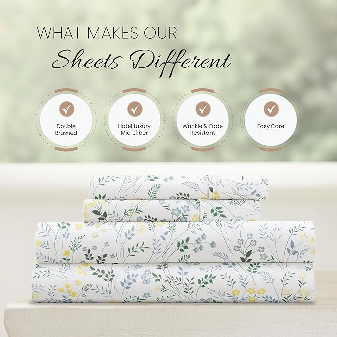 Linen Market Double-Brushed Patterned Microfiber California King Sheet Set 4 Piece – Oeko-TEX Certified Ultra Soft & Wrinkle-Free - 16" Deep Pocket Sheets Easy Care Cal-King Size - Wildflower Blue