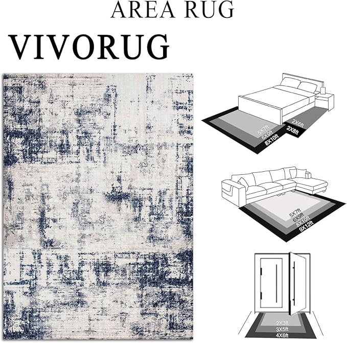 3x5 Rug, Small Area Rug for Living Room, Bedroom, Kitchen, Machine Washable Non-Slip Throw Rug, Modern Abstract Carpet for Entryway Nursery Coffee Table, Ivory Navy