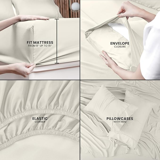 Utopia Bedding King Sheet Set – 4 Piece Bed Sheets for King Size Bed, Soft and Breathable Microfiber, Includes 1 Fitted Sheet, 1 Flat Sheet and 2 Pillowcases (Ivory)