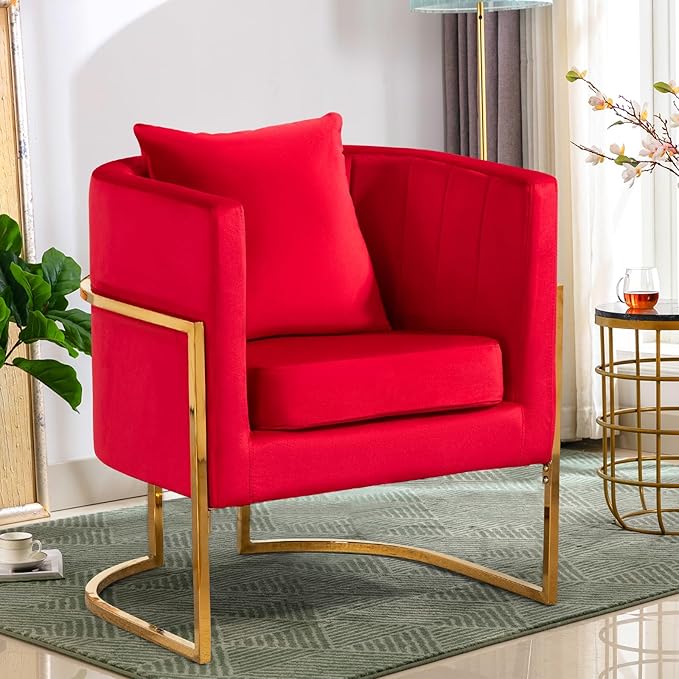 Velvet Modern Accent Chair, Upholstered Barrel Armchair Mid Century with Pillow for Living Room, Comfy Single Vanity Chair with Metal Gold Legs for Bedroom, Rose Red