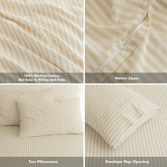 FOSSA Striped Duvet Cover Set 100% Washed Cotton Linen Feel Super Soft Breathable Cozy 3 Pieces Bedding Sets Almond Milk Grey Classic Stripes Queen