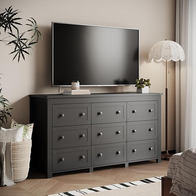 Dresser for Bedroom with 9 Drawers, Farmhouse Wood Chest of Drawers, Wide TV Stand Closet Storage Furniture with Metal Handle, Modern Clothes Organizer for Hallway, Living Room, Entryway, Black