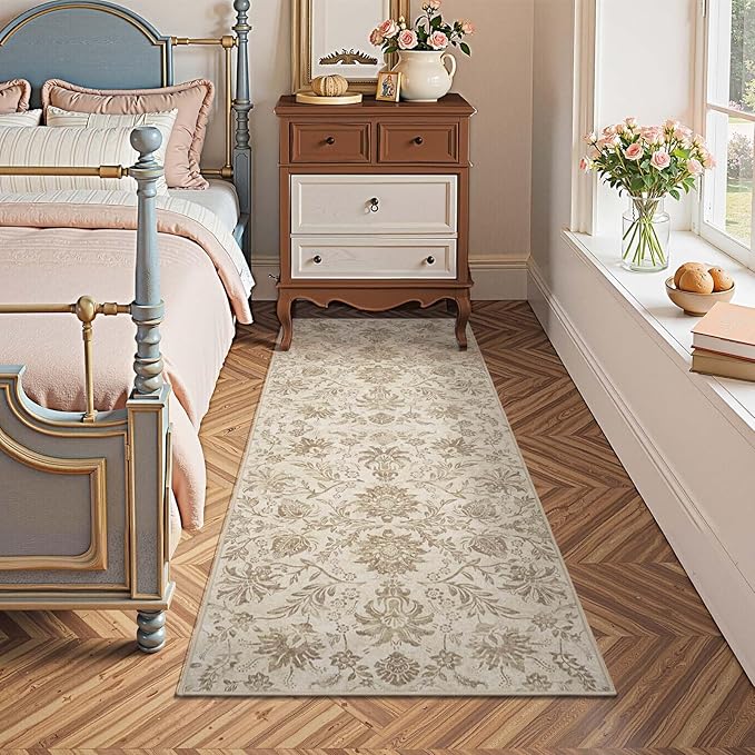jinchan Torino Runner Rugs 2x6, Vintage-Inspired Floral Neutral Design Machine Washable Non-Slip Ultra-Thin Low-Pile Rubber Backing Runner Rug for Kitchen Hallway Laundry Room Entryway Taupe