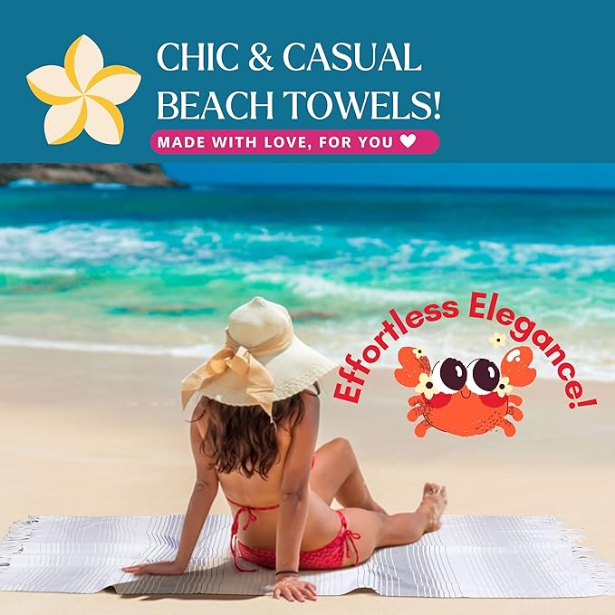Native Fab Oversized Beach Towel, 4 Pack, 40x71 inches 100% Cotton Turkish Peshtemal for Adults,Soft & Absorbent, Extra Large Beach Towel for Hammam Spa Beach Blanket Bath, Cabana Strips, Grey White