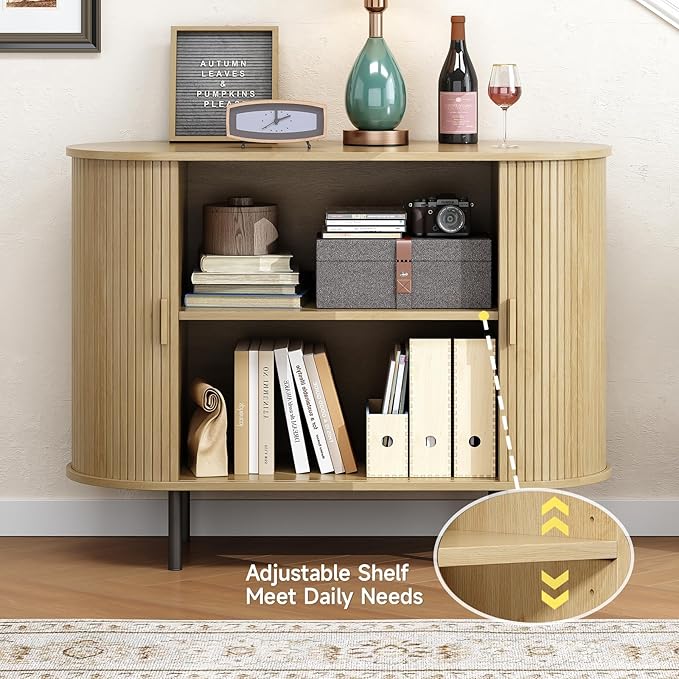 Buffet Cabinet with Storage, Fluted Sideboard Buffet with Sliding Door, Coffee Bar Cabinet with Adjustable Shelf, Console Table, Accent Table for Entryway, Kitchen (Oak, 40 Inch)