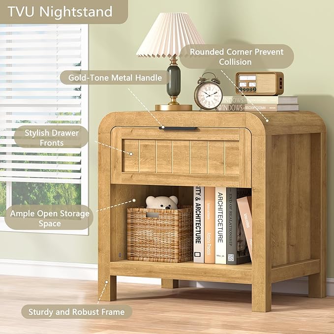 IKENO Wood Nightstand with Storage Drawer, 21" Wide Night Stand with Curved Profile Design, Bedside End Table for Bedroom, Living Room, Closet (1, Natural Oak, 1 Drawer)