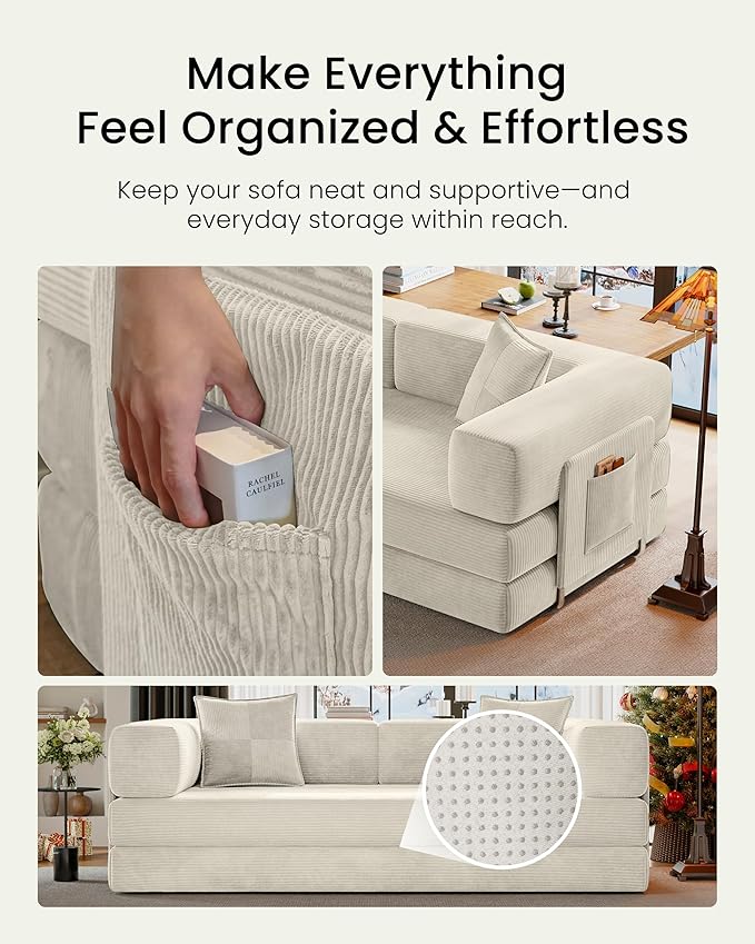 78.8" Convertible Sofa Bed,Corduroy Futon Couch with Storage Pocket,Folding Pull Out Futon Sofa,No Assembly Boneless Couch for Living Room, White | futon sofa bed, sofa, couch, loveseat, convertible sofa, boneless couch