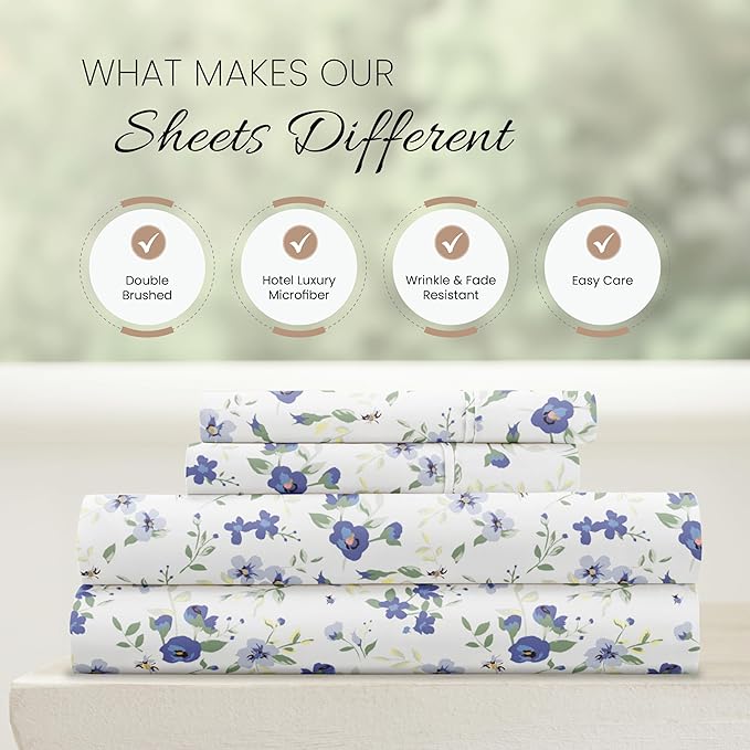 Linen Market Double-Brushed Patterned Microfiber California King Sheet Set 4 Piece – OEKO-TEX Certified Ultra Soft & Wrinkle-Free - 16" Deep Pocket Sheets Easy Care Cal-King Size - Blossoms Light Blue